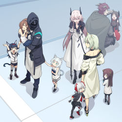 Rule 34 | 1boy, 1other, 6+girls, :d, ^ ^, aged down, amiya (arknights), animal ear fluff, animal ears, arknights, arms up, asymmetrical legwear, bare arms, bare shoulders, black footwear, black gloves, black hair, black jacket, black pants, black pantyhose, black skirt, blaze (arknights), blue eyes, blue skirt, blush, brown footwear, brown hair, brown pantyhose, brown thighhighs, cape, cat ears, cat girl, cat tail, closed eyes, closed mouth, colored eyelashes, commentary request, crying, doctor (arknights), dress, fingerless gloves, folinic (arknights), gloves, grey cape, grey hair, grey thighhighs, hair between eyes, headpat, highres, hoederer (arknights), indoors, ines (arknights), jacket, kal&#039;tsit (arknights), knee pads, liang chan xing make tu, loafers, long hair, mismatched legwear, multiple girls, open clothes, open jacket, open mouth, pants, pantyhose, parted bangs, pink hair, pleated skirt, rabbit ears, red eyes, rosmontis (arknights), shirt, shoe soles, shoes, skirt, sleeveless, sleeveless dress, sleeveless shirt, smile, squatting, streaming tears, tail, tears, theresa (arknights), thighhighs, v-shaped eyebrows, very long hair, w (arknights), white dress, white jacket, white shirt