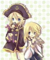 Rule 34 | 1boy, 1girl, alternate costume, blonde hair, blue eyes, cosplay, costume switch, hat, mithos yggdrasill, patty fleur, pirate, ribbon, tales of (series), tales of symphonia, tales of vesperia
