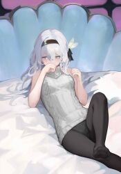 Rule 34 | 1girl, absurdres, bed, black hairband, black pantyhose, black ribbon, chinese commentary, commentary request, covering own mouth, firefly (honkai: star rail), grey eyes, hair ribbon, hairband, hands up, highres, honkai: star rail, honkai (series), leg up, long hair, looking to the side, lying, on back, pantomime, pantyhose, ribbed sweater, ribbon, sleeveless, sleeveless sweater, solo, sweater, variant set, white hair, white sweater
