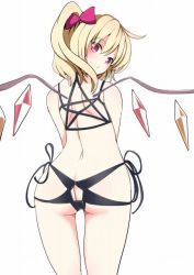 Rule 34 | 1girl, amisu, ass, ass cutout, backless panties, bare shoulders, black panties, blonde hair, blush, bow, butt crack, clothing cutout, cowboy shot, crystal, flandre scarlet, hair bow, looking at viewer, looking back, no headwear, no headwear, panties, red bow, red eyes, side-tie panties, side ponytail, sleeveless, solo, touhou, underwear, white background, wings