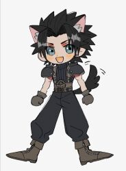 Rule 34 | 1boy, animal ears, armor, belt, black hair, black pants, black sweater, blue eyes, blush stickers, boots, brown footwear, brown gloves, chibi, commentary, crisis core final fantasy vii, dog boy, dog ears, dog tail, earrings, final fantasy, final fantasy vii, full body, gloves, grey background, happy, jewelry, male focus, mtr dayoo, multiple belts, open mouth, pants, parted bangs, pauldrons, short hair, shoulder armor, simple background, single earring, sleeveless, sleeveless turtleneck, smile, solo, spiked hair, standing, stud earrings, suspenders, sweater, symbol-only commentary, tail, tail wagging, turtleneck