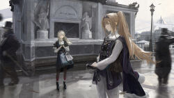 Rule 34 | 2girls, absurdres, architecture, bag, building, buttons, cape, double-breasted, dress, grey hair, hat, headband, high ponytail, highres, lamppost, light brown hair, long hair, looking at viewer, looking to the side, motion blur, multiple girls, original, outdoors, paindude, pantyhose, satchel, standing, statue, top hat