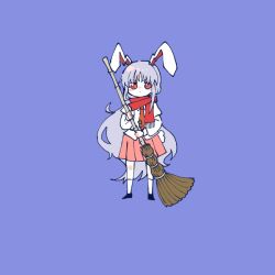 Rule 34 | 1girl, animal ears, badge, bamboo broom, black footwear, broom, button badge, carrot, closed mouth, commentary, dot nose, enpera, fringe trim, full body, hands up, holding, holding broom, itomugi-kun, legs apart, light purple hair, long hair, long sleeves, looking at viewer, necktie, negative space, no pupils, pink skirt, pleated skirt, puffy long sleeves, puffy sleeves, purple background, purple hair, rabbit ears, rabbit girl, rabbit tail, red eyes, red necktie, red scarf, reisen udongein inaba, scarf, simple background, skirt, socks, solo, standing, straight-on, symbol-only commentary, tail, touhou, v-shaped eyebrows, very long hair, white socks, wide shot