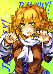 Rule 34 | 1girl, arm warmers, blonde hair, blush, breasts, brown shirt, commentary request, english text, green background, green eyes, looking at viewer, medium breasts, medium hair, melon22, mizuhashi parsee, open mouth, pointy ears, sash, scarf, shirt, short sleeves, solo, touhou, upper body, white sash, white scarf
