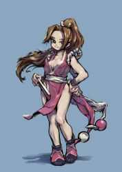 Rule 34 | 1girl, breasts, brown eyes, brown hair, cleavage, dress, fatal fury, folded fan, folding fan, full body, hair intakes, hair ribbon, hand fan, high ponytail, highres, holding, holding fan, large breasts, blue background, long hair, ninja, pelvic curtain, ponytail, red dress, ribbon, shadow, shiranui mai, side slit, simple background, snk, solo, standing, tenshinhannnn, the king of fighters, white ribbon
