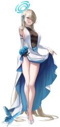 Rule 34 | 1girl, absurdres, alternate costume, asuna (blue archive), bare shoulders, blue archive, blue eyes, blue flower, blue ribbon, breasts, bridal gauntlets, cleavage, clothes lift, flower, full body, grin, hair over one eye, hair ribbon, halo, high heels, highres, large breasts, lifted by self, light brown hair, long hair, looking at viewer, parted lips, ribbon, simple background, smile, solo, standing, teeth, thighs, torrentduck, very long hair, white background, white footwear