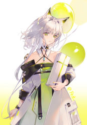 Rule 34 | 1girl, animal ear fluff, animal ears, arknights, balloon, bare shoulders, cat ears, closed mouth, detached collar, dress, gift, gradient background, green background, green dress, green eyes, green hair, hand up, highres, holding, holding gift, kal&#039;tsit (arknights), material growth, off-shoulder dress, off shoulder, oripathy lesion (arknights), short hair with long locks, simple background, solo, tochigi 1990, upper body, white background