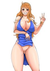 Rule 34 | 1girl, armpits, arms behind head, arms up, blue dress, blush, breasts, cameltoe, censored, cleavage, curvy, dress, highres, huge breasts, long dress, long hair, looking at viewer, mosaic censoring, nami (one piece), navel, nekuraneko, one piece, orange hair, pussy, smile, solo, standing, thick thighs, thighs