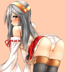 Rule 34 | 10s, 1girl, all fours, ass, bare shoulders, black hair, black thighhighs, blush, commentary request, cowboy shot, detached sleeves, from behind, hair ornament, hairclip, haruna (kancolle), headgear, highres, kantai collection, long hair, looking back, nontraditional miko, panties, sketch, solo, thighhighs, tsukui kachou, underwear, white panties, yellow eyes