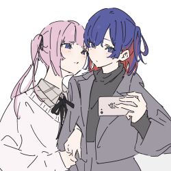 Rule 34 | 2girls, atenaba, black ribbon, black sweater, blue eyes, blue hair, cellphone, collared shirt, colored inner hair, commentary, grey jacket, grey shirt, hair ribbon, hashtag only commentary, highres, holding, holding phone, jacket, kaf (kamitsubaki studio), kamitsubaki studio, locked arms, long hair, long sleeves, multicolored hair, multiple girls, neck ribbon, one side up, parted lips, phone, pink hair, red hair, ribbon, rim (kamitsubaki studio), shirt, simple background, smartphone, smile, sweater, turtleneck, twintails, white background, white sweater, yellow pupils, yuri