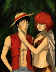 Rule 34 | 1boy, 1girl, absurdres, amazon warrior, artist name, bikini, bikini top only, black hair, blunt bangs, blush, cape, facial scar, hand on another&#039;s chin, hat, highres, irenukia, lipstick, looking at another, makeup, marguerite (one piece), monkey d. luffy, one piece, open clothes, purple eyes, red hair, red lips, red shirt, scar, scar on cheek, scar on face, shirt, short hair, smile, straw hat, swimsuit, white cape