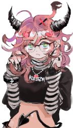 Rule 34 | 1girl, ahoge, black nails, broken heart, clothes writing, crop top, demon girl, demon horns, demon tail, ear piercing, fang, fingerless gloves, glasses, gloves, hair ornament, twirling hair, hairclip, hands up, heart, heart hair ornament, highres, horns, jewelry, long hair, long sleeves, looking to the side, midriff, nail polish, necklace, original, piercing, pink hair, pointy ears, sahau228, semi-rimless eyewear, shirt, solo, spiked hair, striped clothes, striped shirt, tail, tail wrap, wavy hair
