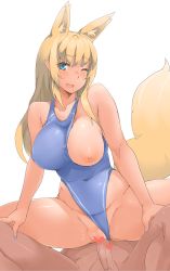 Rule 34 | 1boy, 1girl, absurdres, animal ears, blonde hair, blue eyes, blue leotard, blue nails, blue one-piece swimsuit, blush, breast slip, breasts, breasts out, censored, clitoris, clothed female nude male, clothed sex, clothing aside, competition swimsuit, covered erect nipples, extra ears, fang, fox ears, fox tail, girl on top, heart, heart censor, hetero, highres, large breasts, leotard, leotard aside, long hair, looking at viewer, minakami (flyingman555), nail polish, nipples, novelty censor, nude, one-piece swimsuit, one breast out, one eye closed, original, penis, pointless censoring, pointy ears, pussy, pussy juice, reverse cowgirl position, sex, sex from behind, simple background, slit pupils, smile, solo focus, spread legs, straddling, swimsuit, swimsuit aside, tail, thighs, transparent censoring, vaginal, white background