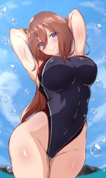 Rule 34 | 1girl, arm behind head, armpits, black one-piece swimsuit, blue eyes, blue sky, breasts, brown hair, cloud, commentary request, competition swimsuit, covered navel, cowboy shot, day, fisheye, go-toubun no hanayome, hair between eyes, highleg, highleg swimsuit, highres, island, large breasts, long hair, nakano miku, ocean, one-piece swimsuit, outdoors, presenting armpit, sky, solo, swimsuit, water drop, yuzu ren