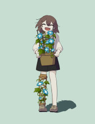 Rule 34 | 1other, :d, absurdres, androgynous, avogado6, black shorts, blue background, blue flower, brown hair, closed eyes, commentary request, facing viewer, flower, flower pot, flower request, freckles, grey flower, highres, holding, holding flower pot, holding plant, holding pot, open mouth, original, plant, pot, potted plant, prosthesis, prosthetic leg, shirt, shoes, shorts, simple background, smile, solo, white shirt