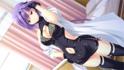 Rule 34 | 1girl, bed, boots, breasts, cleavage, cleavage cutout, clothing cutout, dutch angle, game cg, gloves, gouji sakura, hand on own hip, hatsujou switch, hospital bed, lab coat, long hair, midriff peek, navel, navel cutout, purple hair, red eyes, solo, tamahiyo, thigh boots, thighhighs