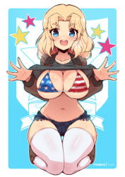 Rule 34 | 1girl, american flag bikini, american flag print, bikini, blonde hair, blue eyes, blue shorts, blush, border, breasts, cleavage, clothes lift, collarbone, covered erect nipples, female focus, flag print, girls und panzer, groin, highres, kay (girls und panzer), large breasts, lifted by self, looking at viewer, micro shorts, military, military uniform, navel, open mouth, print bikini, saunders military uniform, shirt lift, short hair, shorts, smile, solo, star-shaped pupils, star (symbol), sweat, swimsuit, symbol-shaped pupils, teeth, thighhighs, uniform, upper teeth only, white border, white thighhighs