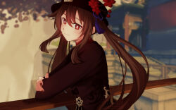 Rule 34 | 1girl, absurdres, bad source, black hat, black nails, brown hair, crossed arms, flower, flower-shaped pupils, genshin impact, hat, hat flower, highres, hu tao (genshin impact), itorio fransuaza, long hair, long sleeves, looking at viewer, outdoors, plum blossoms, red eyes, self-upload, smile, solo, symbol-shaped pupils, symbol shaped pupils, twintails