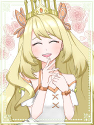 bare_shoulders blonde_hair bow butterfly_hair_ornament celine_(fire_emblem) closed_eyes crown dress facing_viewer fire_emblem fire_emblem_engage floral_background hair_ornament highres long_hair nintendo official_alternate_costume open_mouth orange_bow shii_atelier short_sleeves teeth upper_body upper_teeth_only very_long_hair white_dress wrist_bow