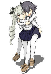 Rule 34 | 10s, 2girls, anchovy (girls und panzer), anzio school uniform, black hair, black necktie, black skirt, braid, brown eyes, brown footwear, carrying, closed mouth, commentary request, days135, dress shirt, drill hair, full body, girls und panzer, green hair, highres, hug, hug from behind, light smile, loafers, long hair, long sleeves, miniskirt, multiple girls, necktie, one eye closed, open mouth, pantyhose, pepperoni (girls und panzer), piggyback, pleated skirt, school uniform, shirt, shoes, short hair, side braid, simple background, sketch, skirt, smile, standing, twin drills, twintails, white background, white legwear, white shirt