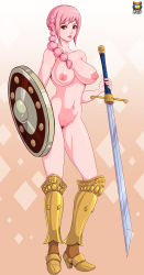 Rule 34 | 1girl, absurdres, braid, breasts, female focus, functionally nude, highres, kyoffie, large breasts, lips, navel, nipples, one piece, pink hair, pussy, rebecca (one piece), red eyes, shield, sword, thighs, uncensored, weapon