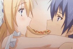 Rule 34 | 1boy, 1girl, animated, animated gif, apron, blonde hair, blue eyes, blue hair, bouncing breasts, breasts, elcia harvence, food, fujimori kaname, implied sex, koikishi purely kiss, lowres, mouth hold, naked apron, nipples, pizza