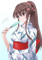 Rule 34 | 1girl, alternate costume, brown eyes, brown hair, cherry blossoms, flower, hair flower, hair ornament, hand fan, holding, holding fan, japanese clothes, kantai collection, kimono, kitagawa mikio, leaf print, long hair, one-hour drawing challenge, paper fan, simple background, solo, uchiwa, upper body, white background, white kimono, yamato (kancolle), yukata