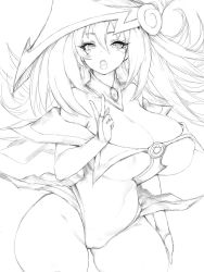 Rule 34 | 1girl, adapted costume, bare legs, blush stickers, breasts, cleavage, cowboy shot, curvy, dark magician girl, fumio (rsqkr), highleg, highleg leotard, large breasts, leotard, long hair, magical girl, monochrome, open mouth, simple background, skirt, solo, wide hips, yu-gi-oh!