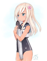 Rule 34 | 10s, 1girl, 2016, bad id, bad pixiv id, bare legs, bare shoulders, black one-piece swimsuit, blonde hair, blue eyes, capriccio, character name, clothes writing, colored eyelashes, cowboy shot, dated, flower, hair flower, hair ornament, heart, hibanar, holding, kantai collection, long hair, looking afar, hugging object, one-piece swimsuit, one-piece tan, ro-500 (kancolle), sailor collar, school swimsuit, shiny skin, shirt, sleeveless, sleeveless shirt, smile, solo, standing, swimsuit, tan, tanline, thighs, torpedo, white shirt