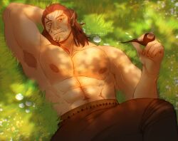 Rule 34 | 1boy, abs, arm hair, armpit hair, armpits, baldur&#039;s gate, baldur&#039;s gate 3, bara, braid, brown hair, chest hair, dark-skinned male, dark skin, dungeons &amp; dragons, elf, feet out of frame, grass, hairy, halsin, highres, holding, holding smoking pipe, large pectorals, leather, leather pants, looking up, male focus, mature male, medium hair, muscular, muscular male, navel, navel hair, nipples, pants, pectorals, pointy ears, smoking pipe, solo, stomach, stormcallart, strongman waist, sunlight, tattoo, thick eyebrows, topless male, tree shade