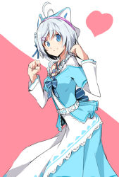 Rule 34 | .live, 1girl, ahoge, animal ears, antenna hair, blue eyes, cat ears, chikuwa (majihima), clenched hands, contrapposto, dress, fake animal ears, heart, jewelry, long sleeves, looking at viewer, necklace, short hair, simple background, dennou shoujo siro, smile, tagme, virtual youtuber, white hair