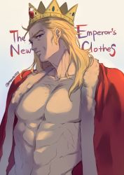 Rule 34 | 1boy, bad id, bad pixiv id, blonde hair, blue eyes, cape, crown, gradient background, hair slicked back, hol horse, jojo no kimyou na bouken, long hair, male focus, manle, naked cape, name connection, solo, twitter username