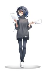 Rule 34 | 1girl, absurdres, alternate costume, black hair, black hairband, black leggings, black ribbon, blue hair, blush, breasts, closed mouth, colored inner hair, firehippo, frown, full body, gangzi (vtuber), grey sweater, hair between eyes, hair intakes, hairband, hands up, highres, holding, holding paper, leggings, long hair, looking at object, looking to the side, medium breasts, multicolored hair, paper, parted bangs, ribbon, sidelocks, sleeves past elbows, solo, standing, stellive, sweater, thick eyelashes, thigh gap, turtleneck, turtleneck sweater, virtual youtuber, walking, white background, white footwear, wide sleeves, yellow eyes
