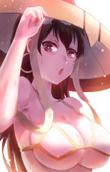 Rule 34 | 1girl, :o, bare arms, bikini, black hair, blurry, breasts, brown hair, cleavage, depth of field, earrings, fate/grand order, fate (series), hair between eyes, hat, hat tip, highres, hoop earrings, hot, huamuan huamuan, japanese clothes, jewelry, large breasts, light particles, long hair, looking at viewer, red eyes, shade, simple background, solo, strap gap, string bikini, sweat, swimsuit, underboob, upper body, white background, white bikini, xuangzang sanzang (fate)