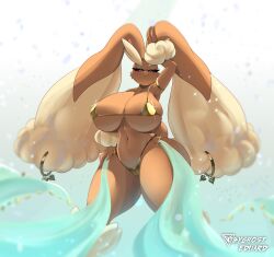 Rule 34 | 1girl, :3, absurdres, animal nose, arm up, armpits, artist name, bare shoulders, bikini, black sclera, blurry, blush, body fur, breasts, brown fur, byghosteduard, cameltoe, cleavage, closed mouth, collarbone, colored sclera, commission, creatures (company), depth of field, female focus, furry, furry female, game freak, gen 4 pokemon, gold bikini, gradient background, half-closed eyes, hand on own hip, happy, highleg, highleg bikini, highres, huge breasts, legs apart, light blush, long ears, looking at viewer, lopunny, micro bikini, navel, nintendo, pokemon, pokemon (creature), rabbit ears, rabbit girl, rabbit tail, red eyes, see-through, skindentation, smile, solo, spade (shape), sparkle, standing, stomach, string bikini, swimsuit, thick thighs, thighs, two-tone fur, watermark, wide hips, yellow fur