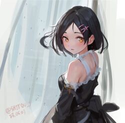 Rule 34 | 1girl, alternate costume, black dress, black hair, brown eyes, dated, dress, frilled dress, frills, from behind, hair ornament, hairclip, kantai collection, kuroshio (kancolle), looking at viewer, looking back, one-hour drawing challenge, parted bangs, shidou (shiyou j), short hair, solo, twitter username