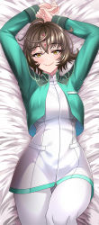 Rule 34 | 1girl, absurdres, ahoge, arms up, blush, breasts, brown hair, cropped jacket, dress, facial mark, fate/extra, fate/extra ccc, fate/grand order, fate (series), forehead mark, green jacket, hair between eyes, highres, jacket, kogarasu1st, large breasts, long sleeves, looking at viewer, lying, mable macintosh, on back, open clothes, open jacket, pants, pantyhose, sessyoin kiara, short dress, short hair, smile, solo, thighs, tight clothes, tight pants, white dress, white pants, yellow eyes