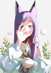 Rule 34 | 1girl, animal ear fluff, animal ears, blush, bubble, blowing bubbles, dress, eden (eden871225), floral print, fox ears, fox girl, hair over shoulder, highres, holding, jacket, leaf, long hair, long sleeves, looking at viewer, off shoulder, ok sign, open mouth, original, parted bangs, plant, purple eyes, purple hair, scarf, signature, slit pupils, solo, spaghetti strap, thick eyebrows