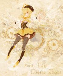 Rule 34 | 10s, 1girl, atori12, bad id, bad pixiv id, blonde hair, boots, drill hair, female focus, hat, mahou shoujo madoka magica, mahou shoujo madoka magica (anime), outstretched arms, solo, spread arms, thighhighs, tomoe mami, wings, zettai ryouiki