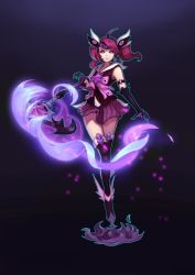 Rule 34 | 1girl, absurdres, ahoge, black gloves, dark persona, elbow gloves, gloves, highres, holding, holding staff, league of legends, looking at viewer, lux (league of legends), maroon skirt, parted lips, pink eyes, red hair, short hair, short twintails, skirt, smile, solo, staff, sunset xi, thigh boots, twintails