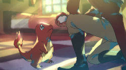 Rule 34 | 1boy, bed, bedroom, beige pants, black footwear, blurry, blurry background, boots, charmander, commentary request, creatures (company), fire, flame-tipped tail, game freak, gen 1 pokemon, holding, holding poke ball, indoors, kneeling, leon (pokemon), light beam, looking up, nintendo, poke ball, poke ball (basic), pokemon, pokemon (creature), pokemon swsh, suruga dbh, window
