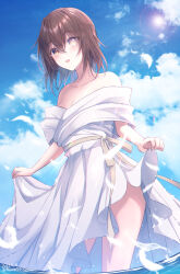 Rule 34 | 1girl, blue sky, blush, breasts, brown eyes, brown hair, cleavage, cloud, dated, day, dress, furutaka (kancolle), hair between eyes, heterochromia, highres, kabocha torute, kantai collection, looking at viewer, medium breasts, off-shoulder dress, off shoulder, official alternate costume, open mouth, outdoors, short hair, skirt hold, sky, solo, twitter username, wading, water, water drop, white dress, yellow eyes