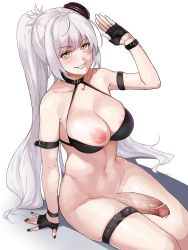 Rule 34 | 1futa, absurdres, bikini, bikini top only, black bikini, black gloves, black hat, black nails, bottomless, breasts, censored, fate/grand order, fate (series), fingerless gloves, futanari, gloves, grin, hat, highres, jeanne d&#039;arc (fate), jeanne d&#039;arc alter (fate), jeanne d&#039;arc alter (mystery treasure) (fate), large breasts, long hair, mystery treasure, nail polish, navel, nipples, one breast out, penis, ponytail, sailor hat, silver hair, sitting, smile, solo, swimsuit, tilted headwear, todding, veins, veiny penis, yellow eyes