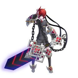 Rule 34 | 1boy, armor, black shirt, black shorts, boots, chain, eyepatch, greatsword, hero (latale), latale, necktie, pointy ears, red eyes, red hair, shirt, shorts, sword, transparent background, weapon