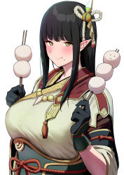 Rule 34 | 1girl, amano don, black gloves, black hair, blunt bangs, blush, breasts, capcom, dango, eating, food, gloves, hair ornament, highres, hinoa, japanese clothes, large breasts, long hair, long sleeves, looking at viewer, monster hunter (series), monster hunter rise, petals, pointy ears, skewer, smile, solo, wagashi, yellow eyes