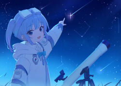Rule 34 | 1girl, aries (constellation), blue bow, blue bowtie, blue eyes, blue hair, bow, bowtie, character request, commentary request, compass, constellation, dot nose, eyewear on head, goggles, goggles on head, highres, hood, hood down, hoodie, korean commentary, light blue hair, looking at viewer, meteor, nam (nam990902), night, night sky, open mouth, outstretched arm, pointing, pointing up, short hair, sidelocks, sky, solo, sparkle, star (sky), stellive, telescope, two side up, upper body, virtual youtuber