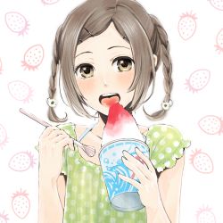 Rule 34 | 1girl, braid, brown hair, drinking straw, food, fruit, holding, holding drinking straw, looking at viewer, open mouth, original, polka dot, shaved ice, simple background, solo, strawberry, teeth, twin braids, upper teeth only, west potato, white background