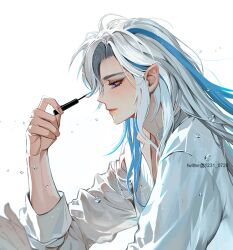 Rule 34 | 1boy, applying makeup, artist name, blue eyeshadow, blue hair, blush, collared shirt, commentary, commentary request, english commentary, eyelashes, eyeshadow, genshin impact, hair between eyes, hands up, holding, korean commentary, long hair, long sleeves, makeup, makeup brush, male focus, mixed-language commentary, multicolored hair, neuvillette (genshin impact), np (1231 0720), parted bangs, parted lips, pointy ears, profile, purple eyes, shirt, sidelocks, simple background, solo, streaked hair, twitter username, upper body, watermark, white background, white hair, white shirt
