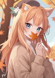 Rule 34 | 1girl, alternate costume, animal ears, autumn, autumn leaves, beret, blue archive, blue eyes, blush, brown hat, brown jacket, flower, guri (gri1211), hair flower, hair ornament, hat, highres, holding, holding leaf, jacket, leaf, long hair, long sleeves, looking at viewer, maple leaf, mari (blue archive), orange hair, signature, solo, sweater, upper body, white flower, white sweater