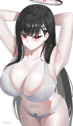 Rule 34 | 1girl, absurdres, armpits, arms behind head, arms up, bare shoulders, black hair, blue archive, blush, bra, breasts, cleavage, collarbone, hair ornament, hairclip, halo, highres, ilsksh, large breasts, long hair, looking at viewer, navel, panties, red eyes, rio (blue archive), underwear, very long hair, white bra, white panties